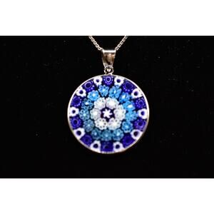 Artisan Handblown Glass Handcrafted Pendant Mosaic Sterling Silver 925 Blue Bin6